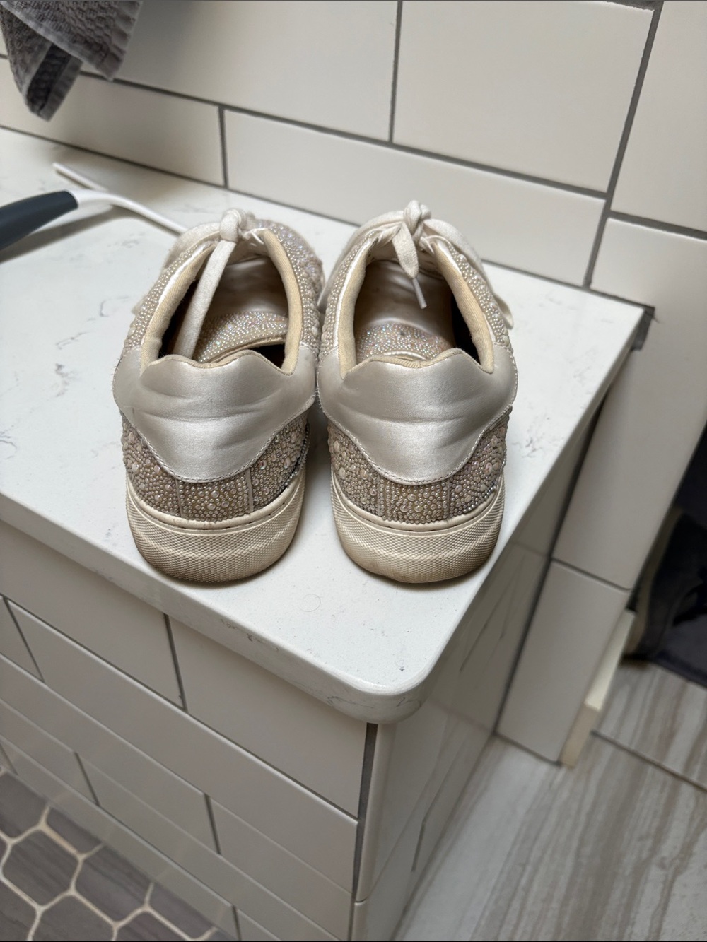 Betsey Johnson Beige Pearl & Crystal Embellished Sneakers - Picture 3 of 7